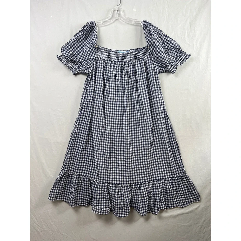 Draper James RSVP Dress Womens XXL Navy White Gingham Smocked Puff Sleeve Ruffle